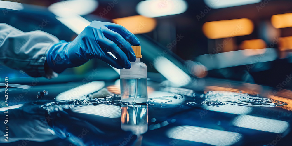 Poster a scientist conducts experiments, holding a small flask with liquid, against a backdrop of laborator