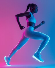 Fototapeta na wymiar Sporty Woman Running in Neon Lights