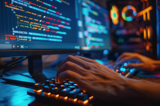 Programmer's hands on keyboard writing source code, screen showing code. AI Generated