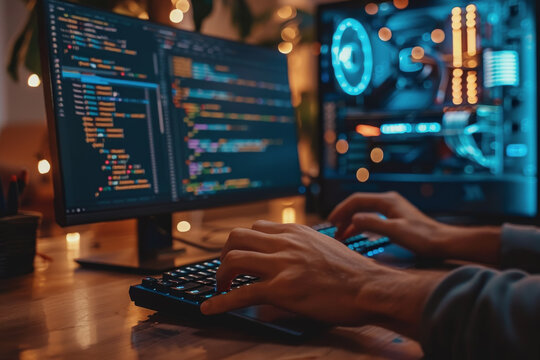Programmer's hands on keyboard writing source code, screen showing code. AI Generated