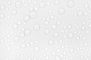 Water drops on white background texture. backdrop glass covered with drops of water.  bubbles in...
