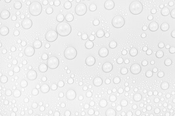 Water drops on white background texture. backdrop glass covered with drops of water.  bubbles in water