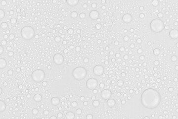 Water drops on white background texture. backdrop glass covered with drops of water. gray bubbles...