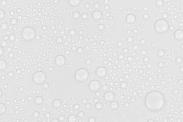 Water drops on white background texture. backdrop glass covered with drops of water. gray bubbles in water
