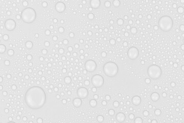 Water drops on white background texture. backdrop glass covered with drops of water. gray bubbles in water