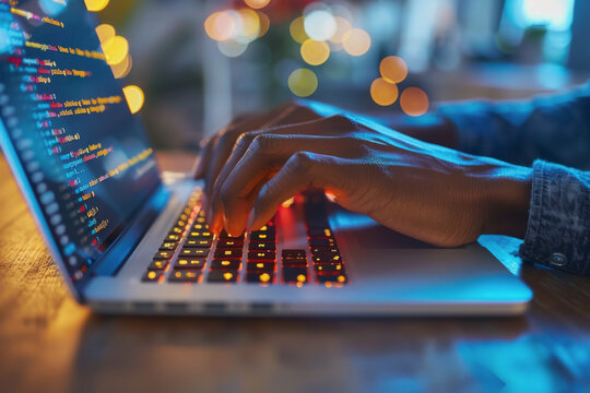 Programmer's hands on keyboard writing source code, screen showing code. AI Generated