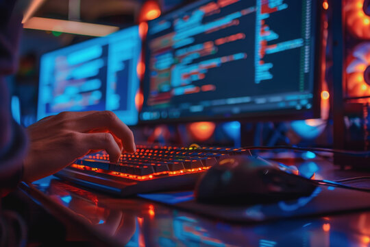 Programmer's hands on keyboard writing source code, screen showing code. AI Generated