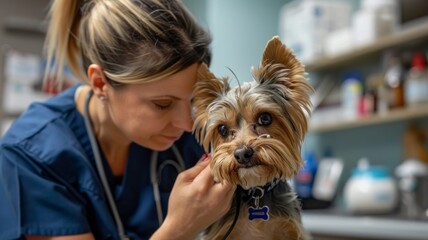 Compassionate veterinarian examining Yorkshire terrier in clinic