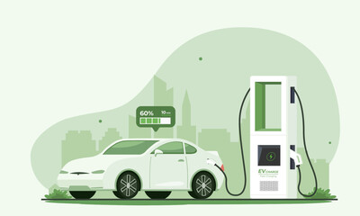A private electric car is recharging at a charging station in the modern city. Sustainable lifestyle, electric transportation and eco-friendly vehicle concept. Vector illustration.