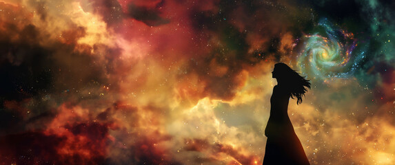 Stargazer's Dream: Woman Silhouetted Against a Swirling Galaxy Tapestry - obrazy, fototapety, plakaty