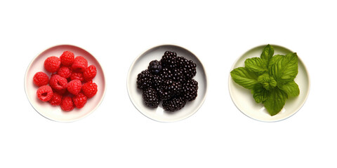 round plates with blueberries, blackberries, raspberries and strawberries, top view isolated on a white  background - obrazy, fototapety, plakaty