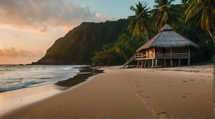 a nipa hut at the beach on a remote island at sunset from Generative AI