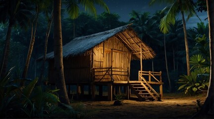 Fototapeta na wymiar a nipa hut on the middle of forest at night from Generative AI
