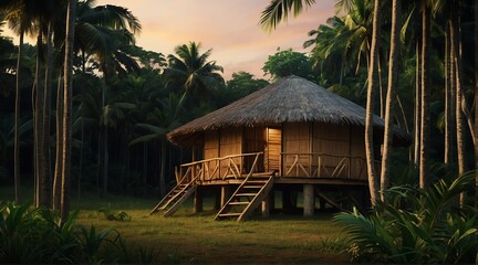 a nipa hut on the middle of forest at sunset from Generative AI