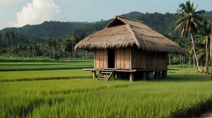 Fototapeta na wymiar a nipa hut on the middle of rice fields farm from Generative AI