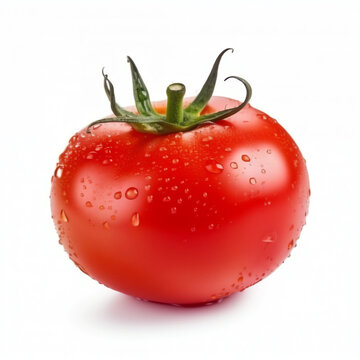 Vibrant and ripe single tomato with water droplets isolated on white background, Generative AI