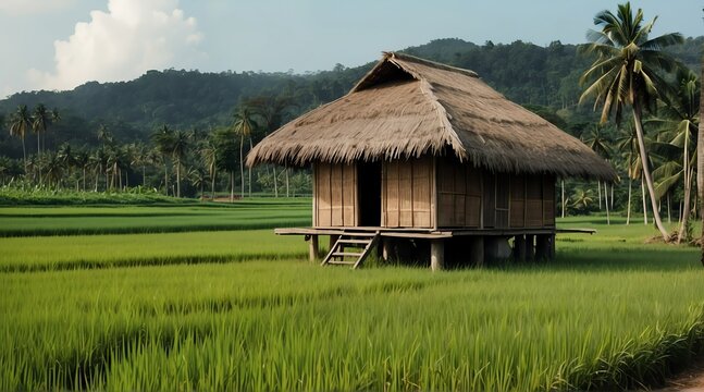 a nipa hut on the middle of rice fields farm from Generative AI