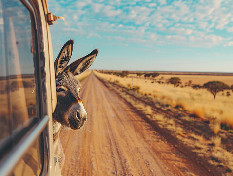 Donkey sticking head out car window on road trip at sunset