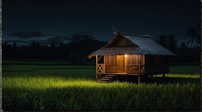 a nipa hut on the middle of rice fields farm at night from Generative AI