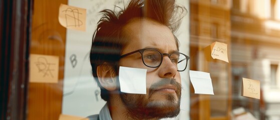 At a tech start-up office, a thoughtful male programmer looks at adhesive notes on the window - obrazy, fototapety, plakaty