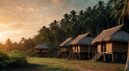 a village of nipa huts on the middle of forest at sunset from Generative AI