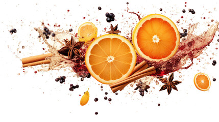 splashes of mulled wine and falling cinnamon, dried orange, anise, cloves, isolated on a white background