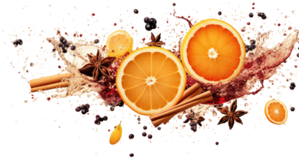 splashes of mulled wine and falling cinnamon, dried orange, anise, cloves, isolated on a white background