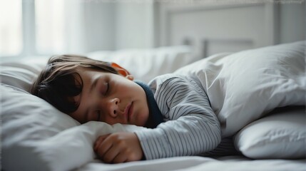 Close up of a sleeping child boy on a white bed in the bedroom from Generative AI - obrazy, fototapety, plakaty