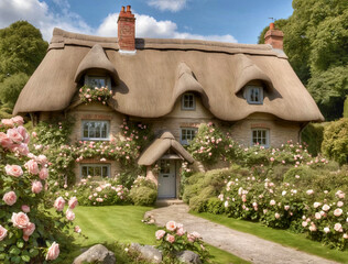 Fototapeta na wymiar Traditional English cottage with a thatched roof surrounded by the rose bushes