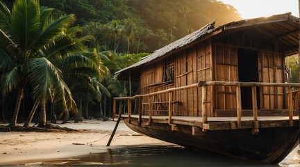 wooden boat on side of a nipa hut at the beach at sunset from Generative AI