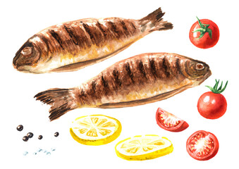 Grilled fish trout with cherry tomatoes and lemon set. Watercolor hand drawn illustration, isolated on white background