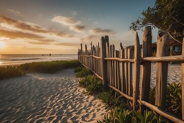 wooden fence on side of a beach villa resort at sunset from Generative AI