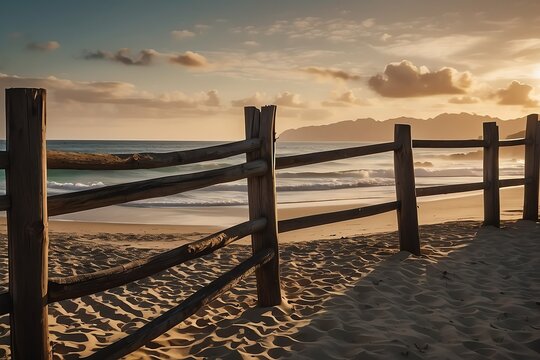 wooden fence on side of a beach villa resort at sunset from Generative AI