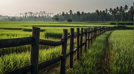 wooden fence on side of a rice fields farm from Generative AI