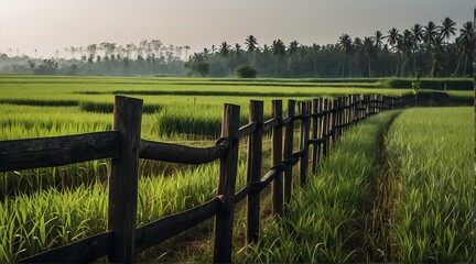 Fototapeta premium wooden fence on side of a rice fields farm from Generative AI