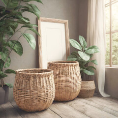 Frame Mockup Design 프레임 목업 디자인 , 라탄바구니, 식물, 집 배경 인테리어