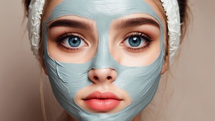 Portrait of a girl with a gray cosmetic mask on her face