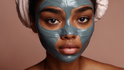 Portrait of a girl enjoying a moment of relaxation with a cosmetic mask on her face, highlighting her natural beauty