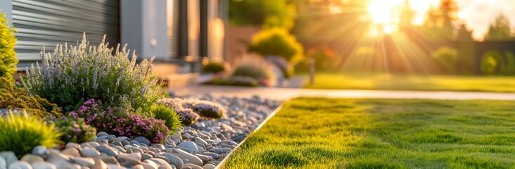 Sunlit Serenity: Pristine Front Yard Landscaping with Vibrant Flower Beds at Golden Hour