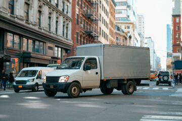 Fototapeta na wymiar Mockup of a small truck with white van on a city street, side view. AI generative