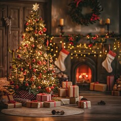 Cozy Christmas Scene with Decorated Tree and Fireplace, Warm Festive Home Interior