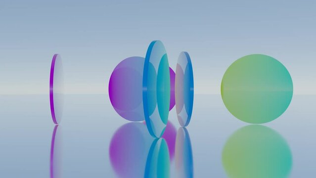 A whirling animation of colorful glass spheres arranged vertically and rotating around in 3D.