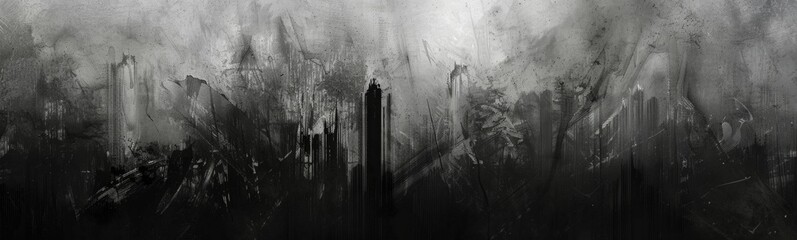 Painting of a black and white picture of a tall building - obrazy, fototapety, plakaty