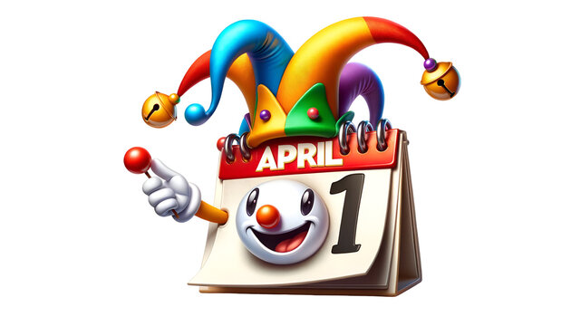Cartoon illustration of cute jester hat popping out of calendar for happy fool's day