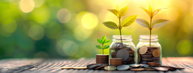 A row of four plant seedlings are in jars with pennies on top. The pennies are arranged in a way that they look like they are growing out of the soil. Concept of growth and prosperity