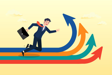 Fototapeta premium Businessman running to different arrow pathway, career decision, choosing direction choices for future opportunity, different path to success, decide or progress options for career growth (Vector)