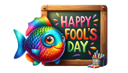 Illustration of colorful fish and a chalkboard with the inscription happy fool's day
