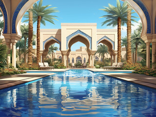 Fototapeta na wymiar getaway destination of luxury resort hotel or palace garden landscaping design with arcade arcs and pool water feature for Arabia classic exotic tourism architecture design as wide banner 
