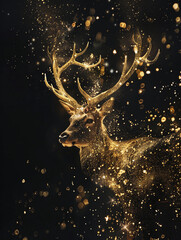 Golden Sparks in deer shape on black background  - obrazy, fototapety, plakaty