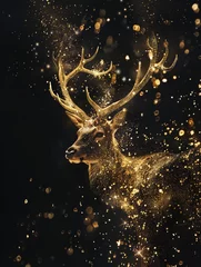 Gordijnen Golden Sparks in deer shape on black background  © Johannes
